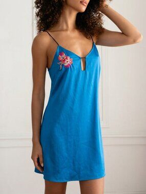 Midnight Bakery Blue Chemise/Slip with Floral Embroidery Size L